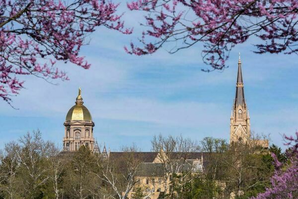 View of the Main Building and Basilica at Notre Dame in the spring.